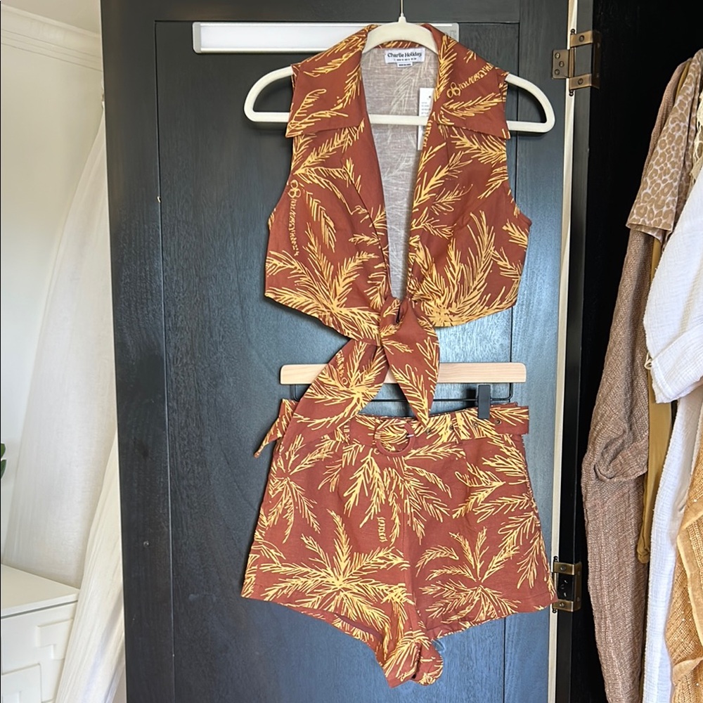 Charlie-Holiday Brown and Yellow Leaf Print Tie-Front Set